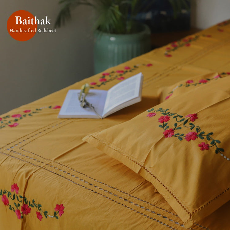 hand embroidered pure cotton bedsheet by shantiniketan artisans of west bengal