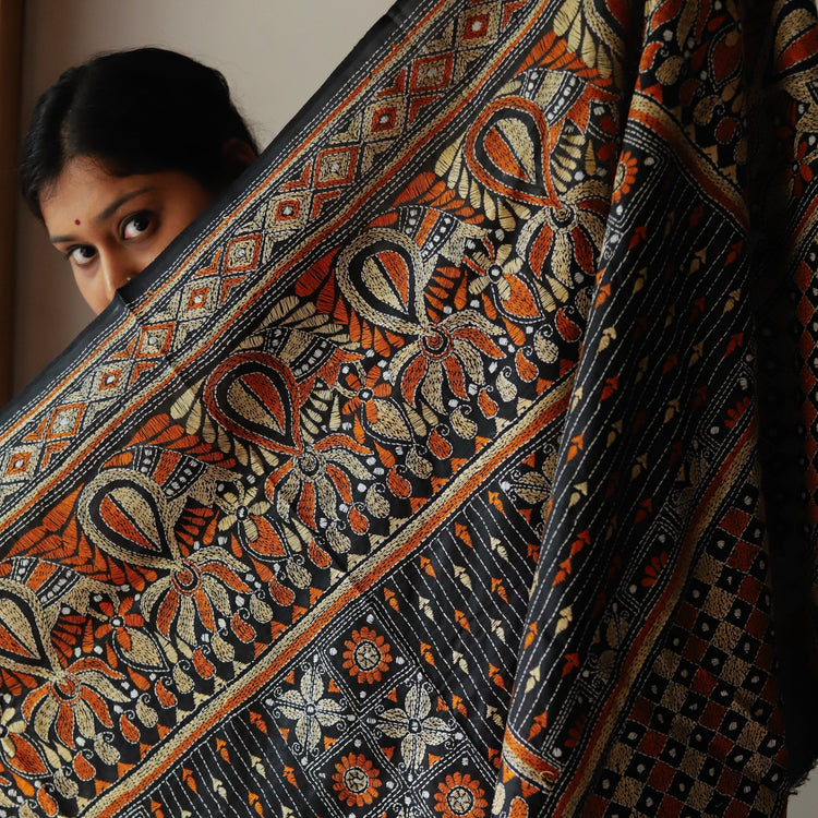 Hand Embroidery Kantha stole and dupatta on pure silk of West Bengal by Bongoniketan