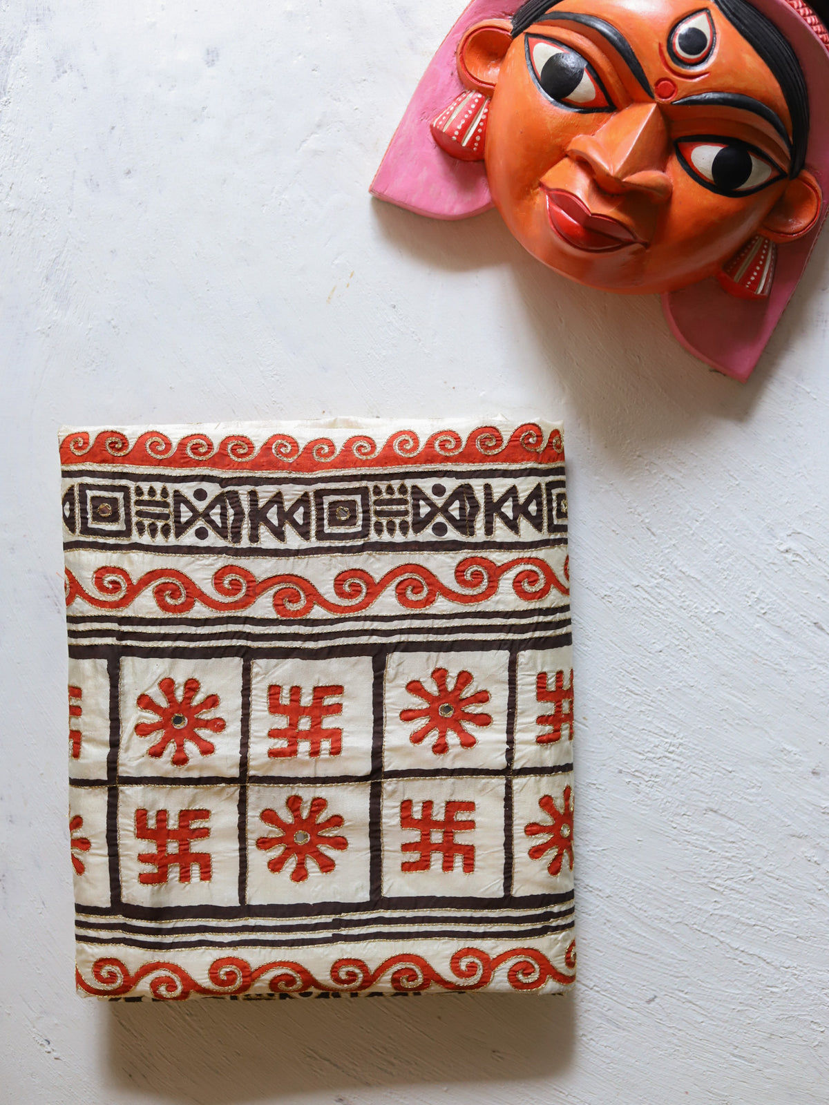 Handwoven Mulberry Silk Sari in Hand Block Print & Ari Embroidery in white colour|Calcutta Saree|BONGONIKETAN
