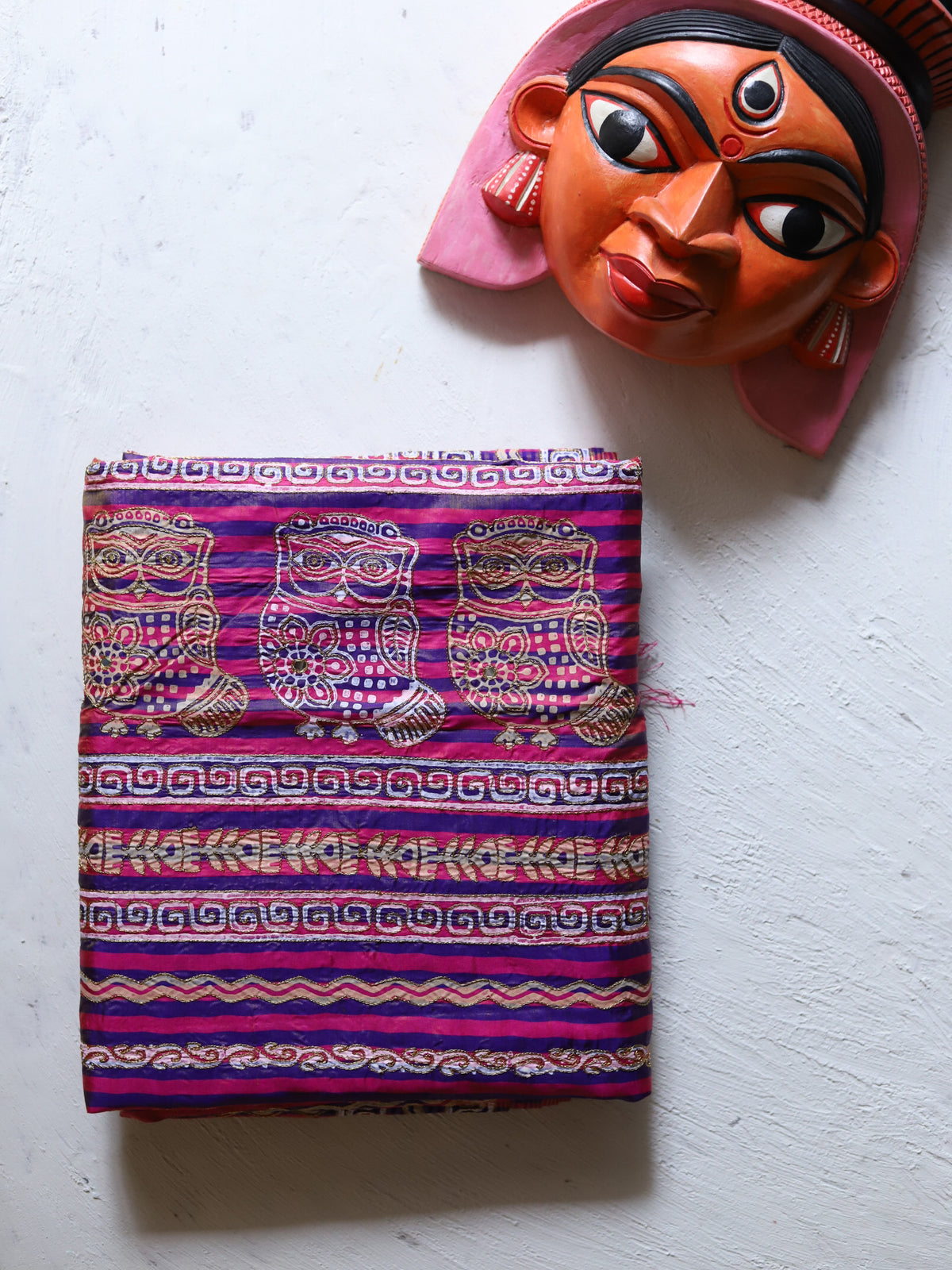 Handwoven Mulberry Silk Sari in Hand Block Print & Ari Embroidery in pink, magenta, Blue colour|Calcutta Saree|BONGONIKETAN