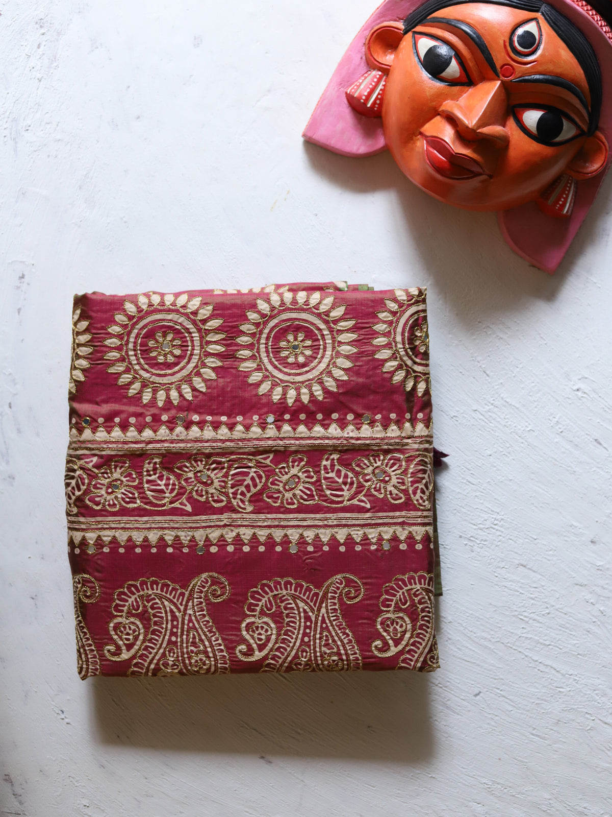 Handwoven Mulberry Silk Sari in Hand Block Print & Ari Embroidery in Decorative pink and gold patterned|Calcutta Saree|BONGONIKETAN