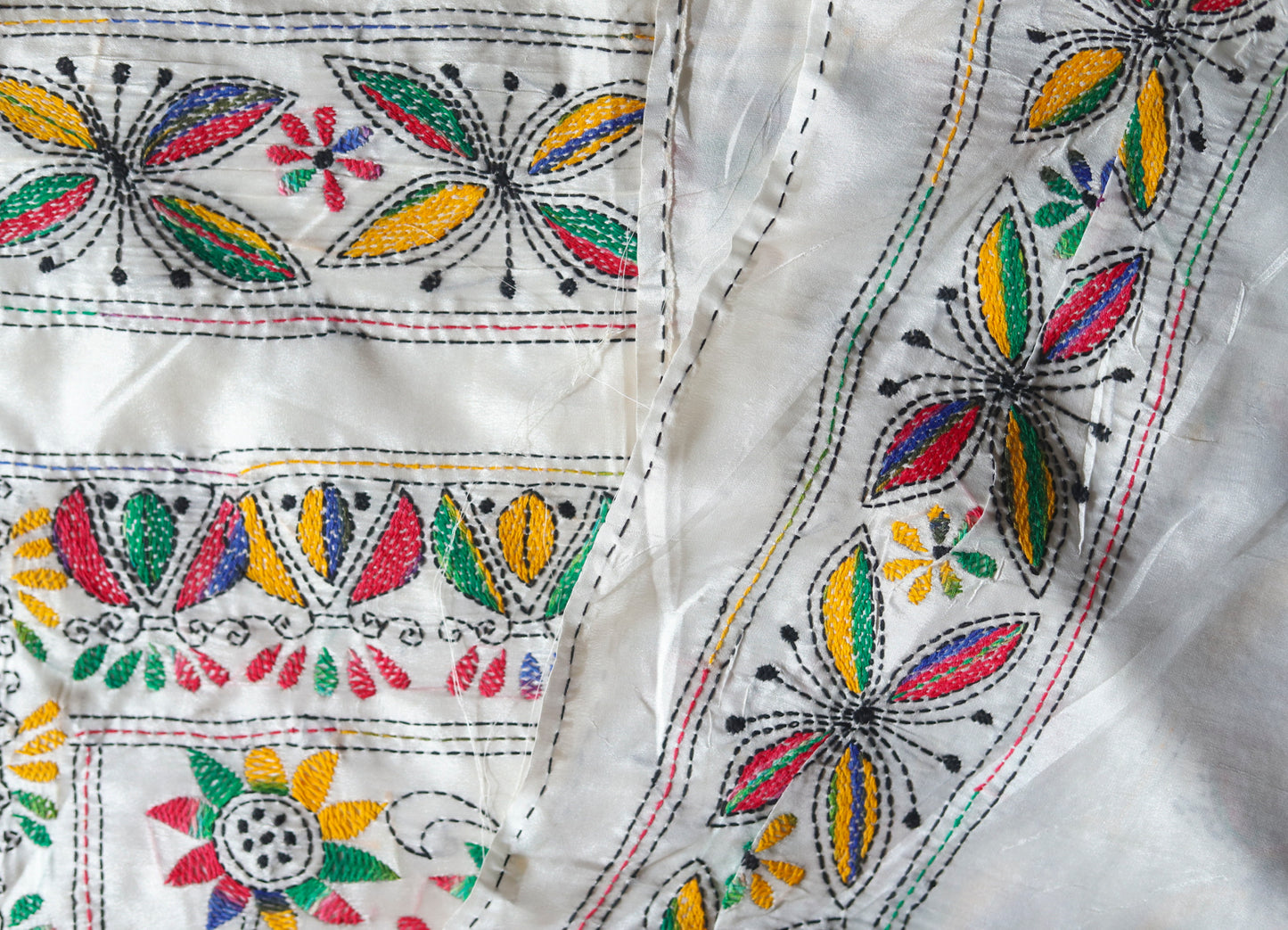 Close-up of kantha embroidered saree with colorful patterns on a white background