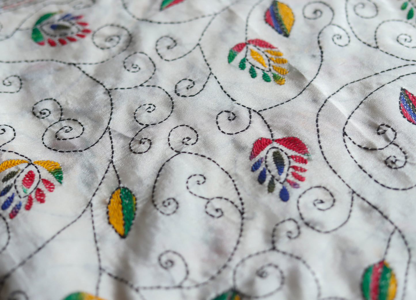 Close-up of kantha embroidered saree with colorful patterns on a white background