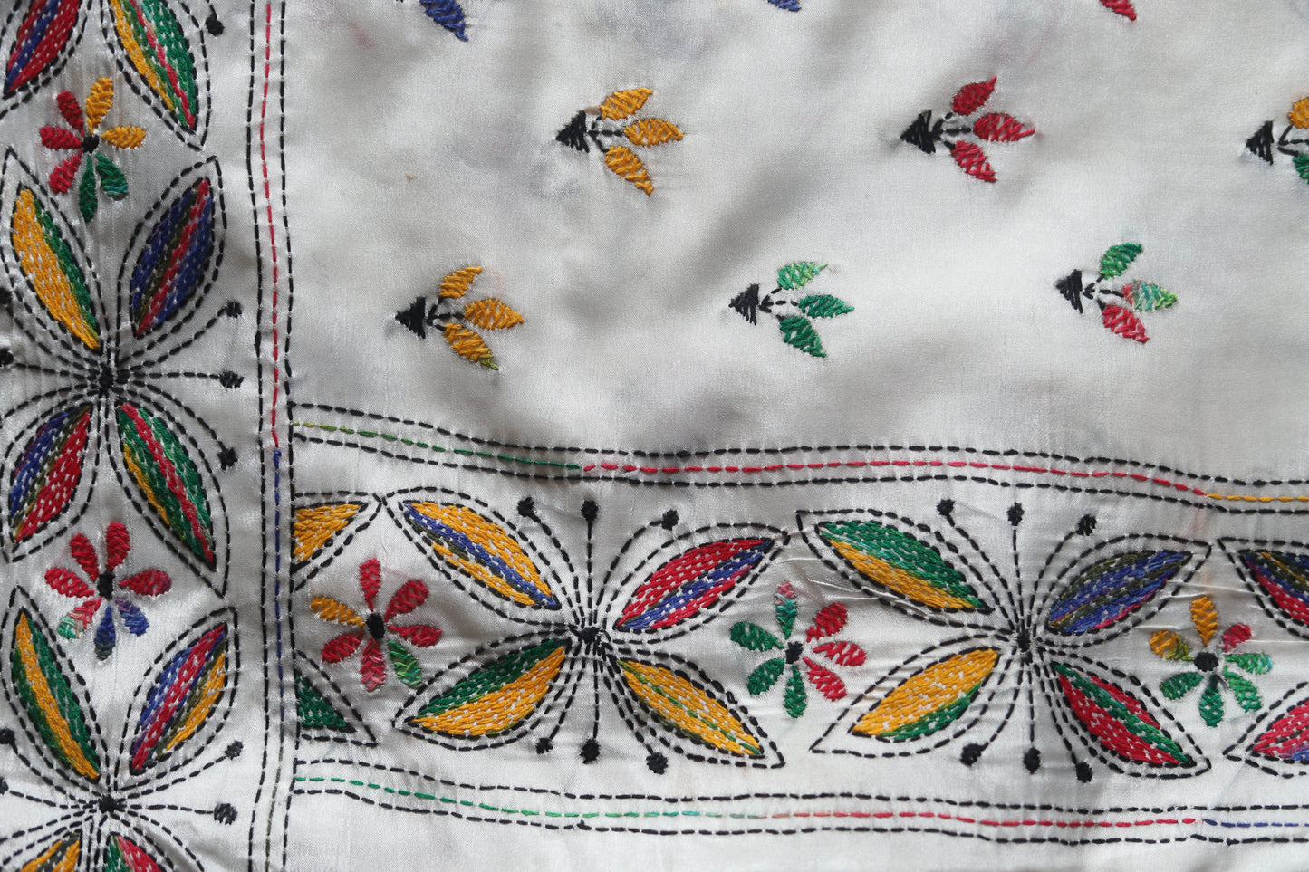 Close-up of kantha embroidered saree with colorful patterns on a white background