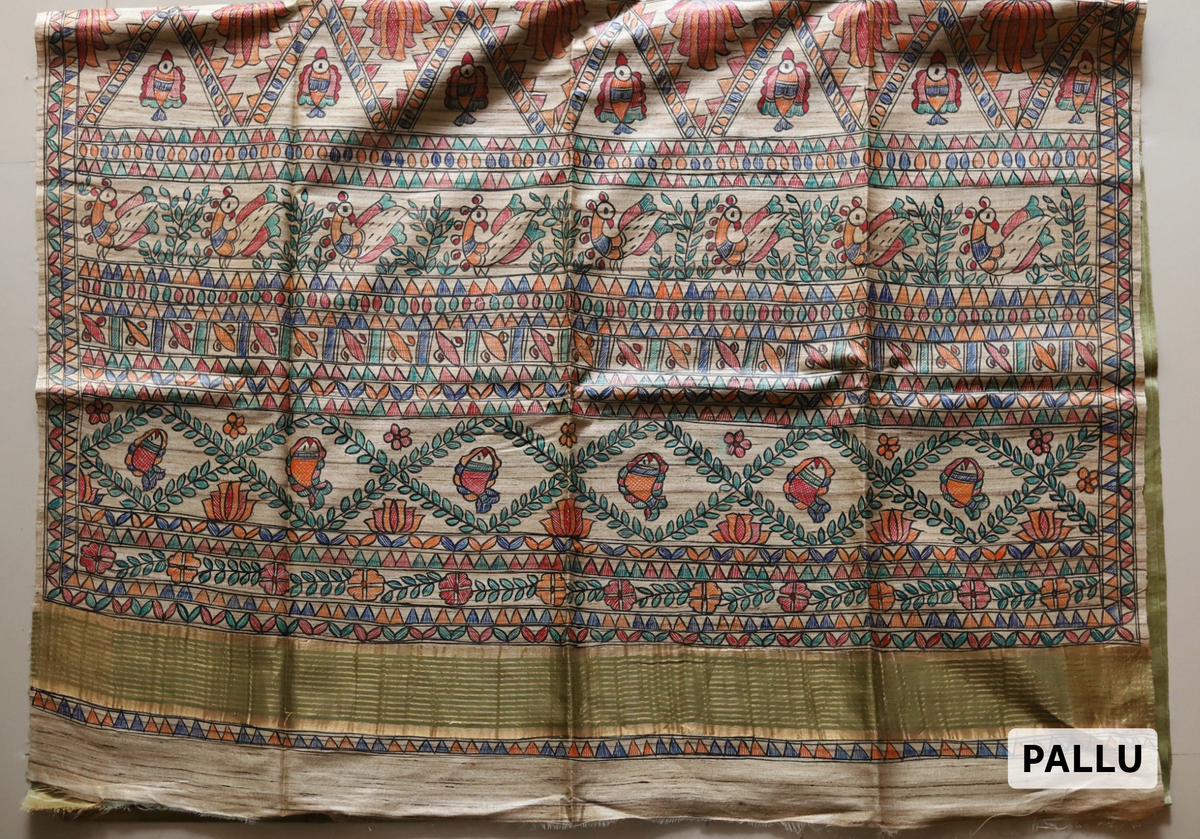 Calcutta Hand-Painted Kohbar Tussar Silk Saree in Olive green colour and muticolour pattern| BONGONIKETAN