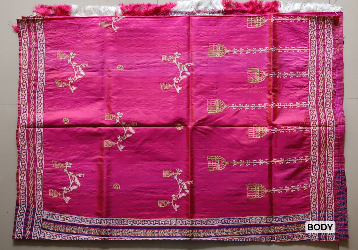 Handwoven Mulberry Silk Sari in Hand Block Print & Ari Embroidery in pink colour|Calcutta Saree|BONGONIKETAN