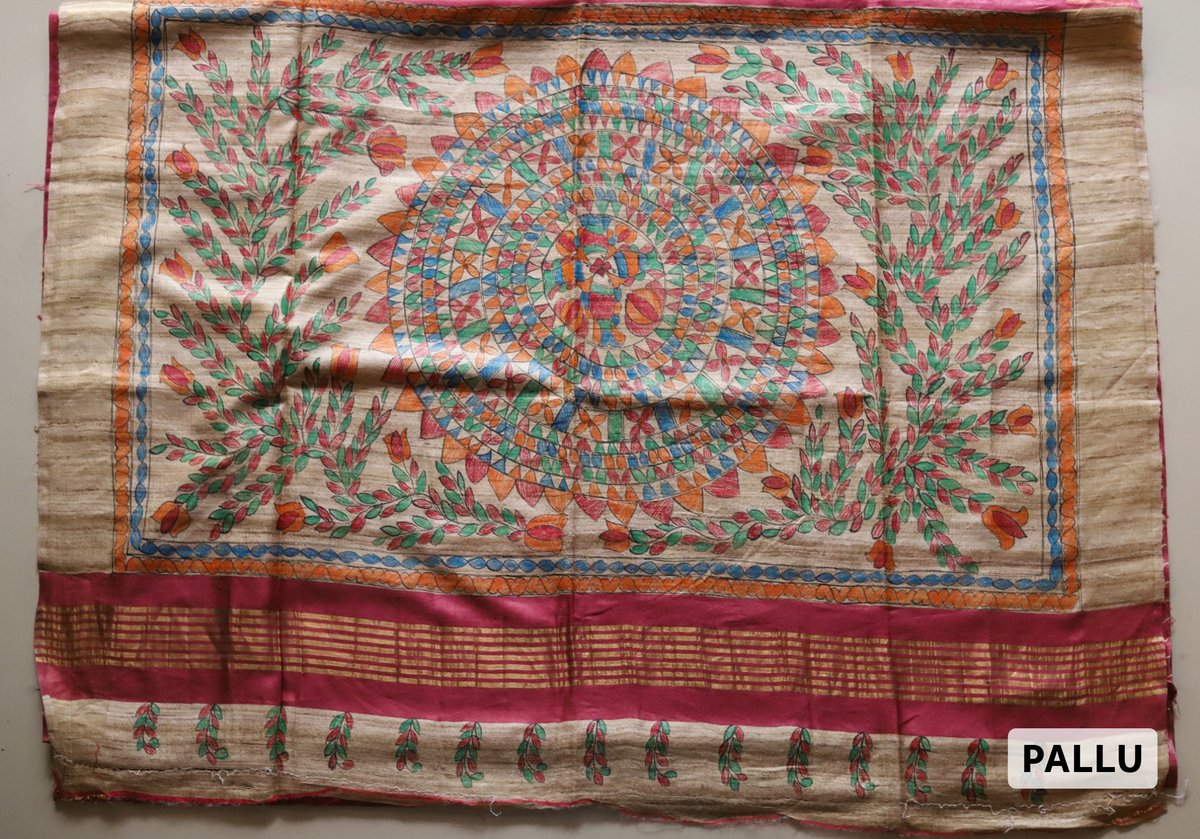 Calcutta Hand-Painted Kohbar Tussar Silk Saree in Ruby pink colour and muticolour pattern| BONGONIKETAN