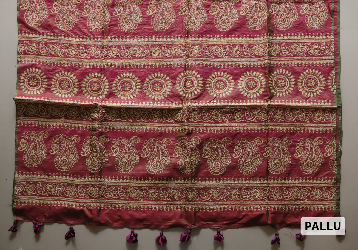 Handwoven Mulberry Silk Sari in Hand Block Print & Ari Embroidery in Decorative pink and gold patterned|Calcutta Saree|BONGONIKETAN