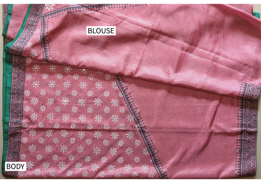 Block Print & Ari Embroidery in decorative texture pink, grey and white patterned|Calcutta Saree|BONGONIKETAN