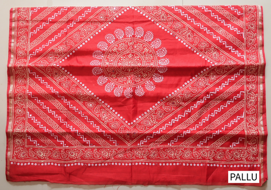 Handwoven Cotton Silk Sari in Hand Block Print & Ari Embroidery in decorative texture red, beige and white patterned|Calcutta Saree|BONGONIKETAN