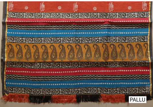 Block Print & Ari Embroidery in decorative multicolour patterned|Calcutta Saree|BONGONIKETAN