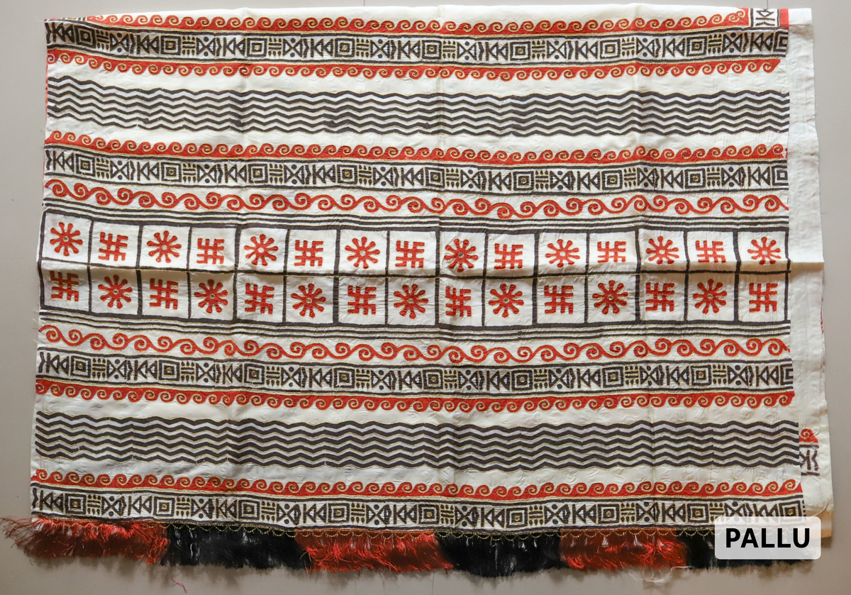 Handwoven Mulberry Silk Sari in Hand Block Print & Ari Embroidery Textile with black, white and red patterns on a white colour|Calcutta Saree|BONGONIKETAN