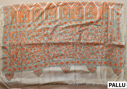 Bengal Gachi Tussar Kantha Saree in Beige , Green and Orange colour by using Shantiniketan Hand Embroidery