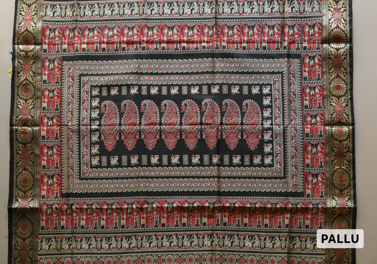 Decorative Baluchari saree pallu with intricate patterns and colours on a plain background
