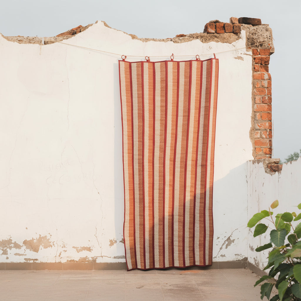A handcrafted wooden curtain with vertical stripes in maroon and white, displayed against an outdoor wall.