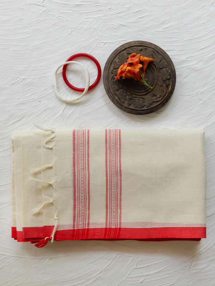 handwoven Red and White Bengali Saree by BONGONIKETAN