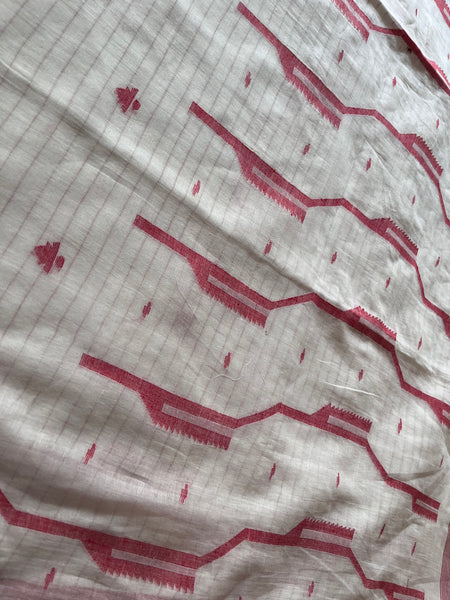 Handwoven Bengal White and Red Handloom Saree (Jamdani)