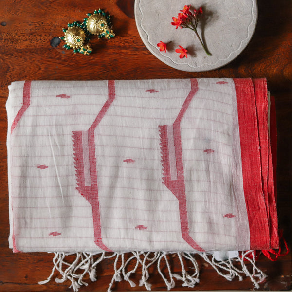 Handwoven Bengal White and Red Handloom Saree (Jamdani)