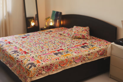 Bengal Hand Embroidered Kantha Stitch Silk Bedsheet