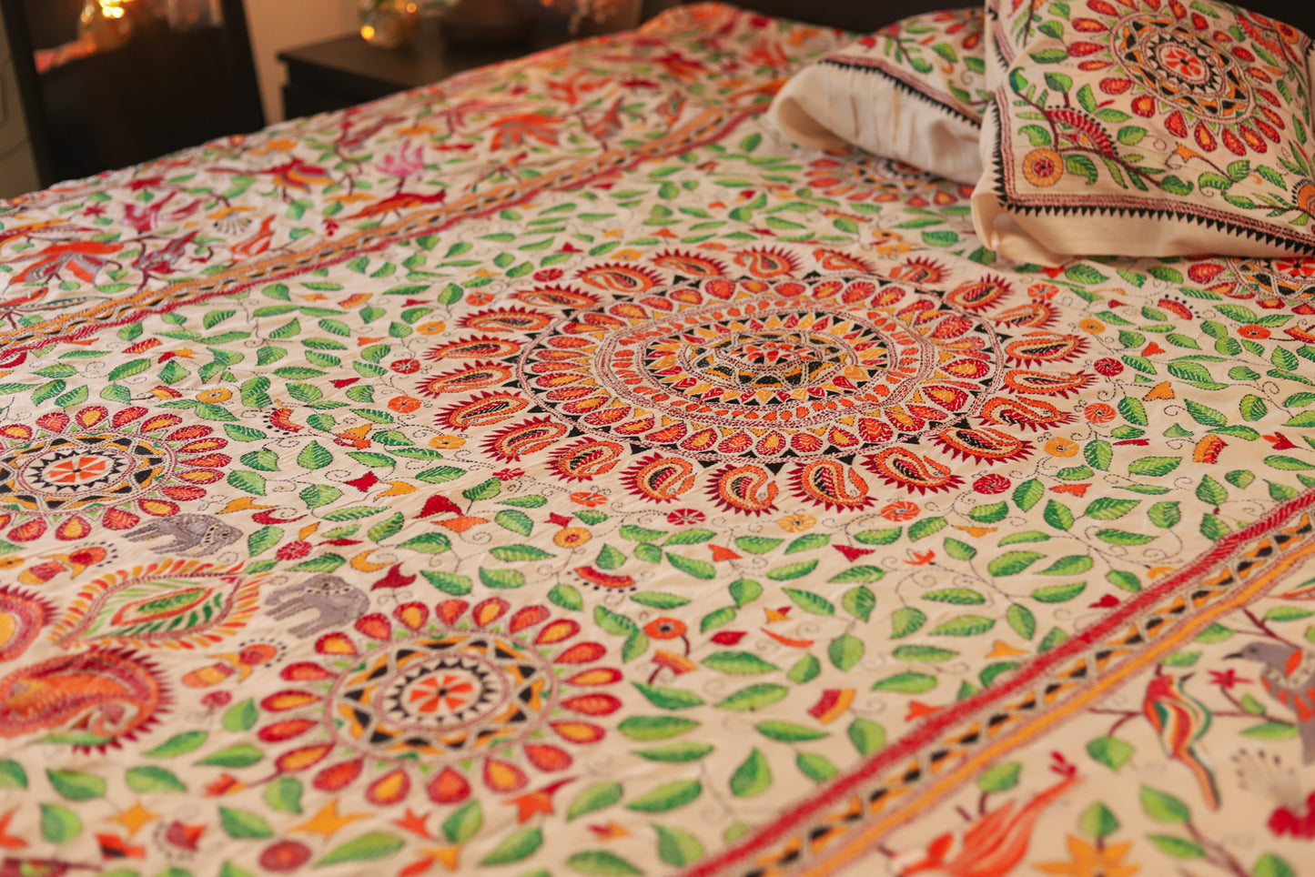 Bengal Hand Embroidered Kantha Stitch Silk Bedsheet