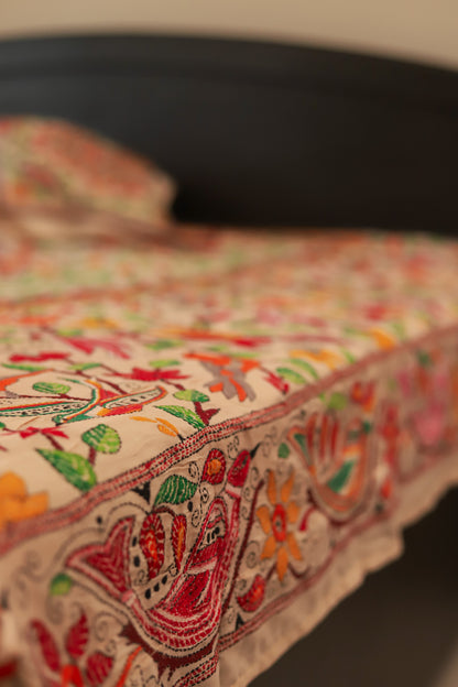 Bengal Hand Embroidered Kantha Stitch Silk Bedsheet