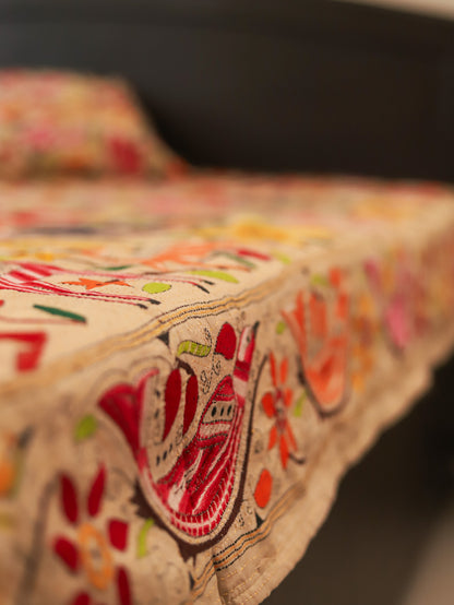 Bengal Hand Embroidered Kantha Stitch Silk Bedsheet