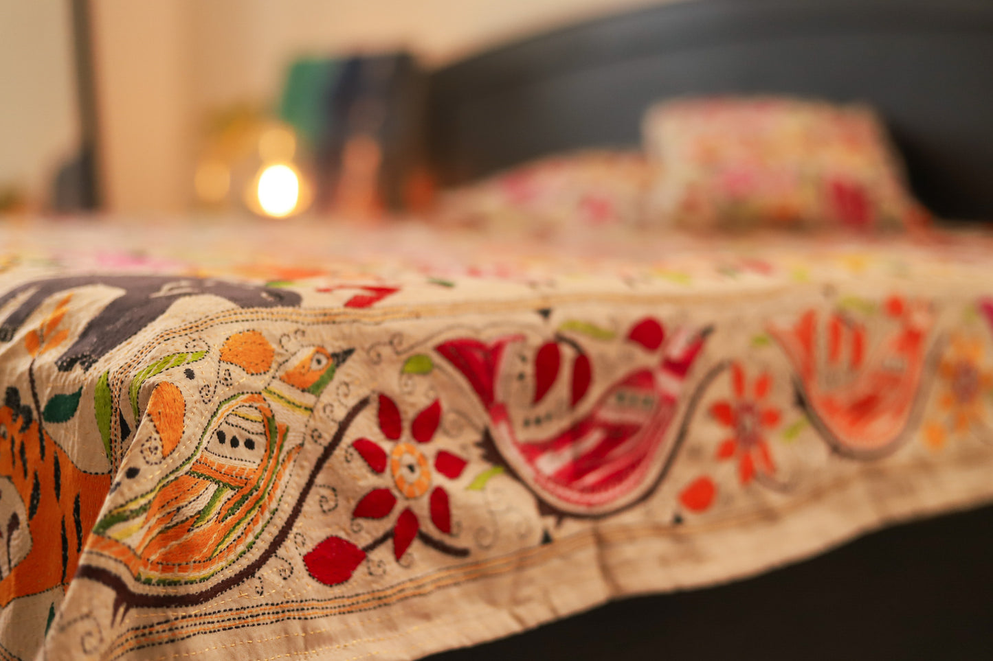 Bengal Hand Embroidered Kantha Stitch Silk Bedsheet