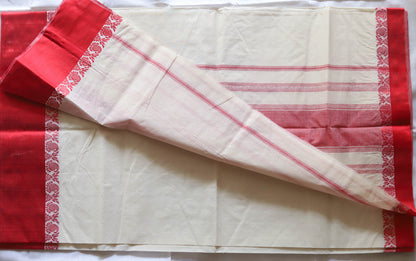 Handwoven Bengal White and Red Cotton Saree