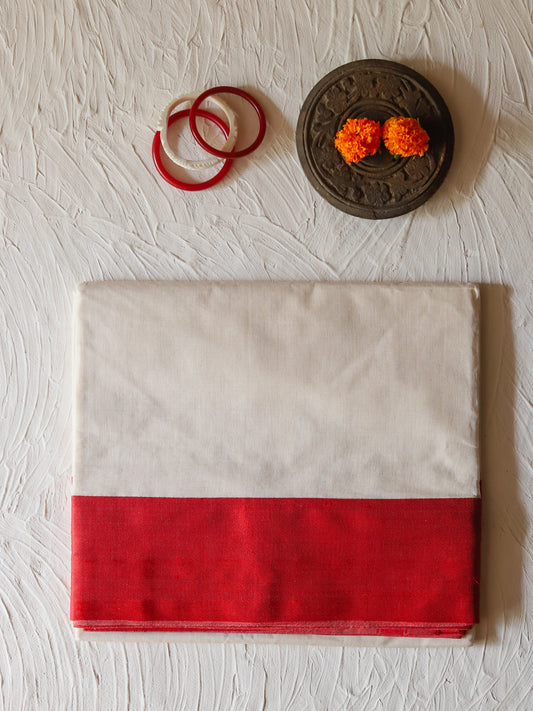 Handwoven Bengal White and Red Cotton Saree