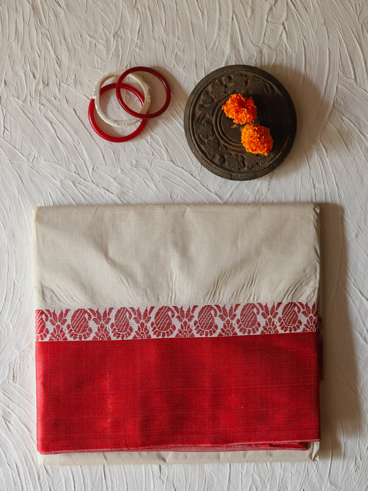 Handwoven Bengal White and Red Cotton Saree