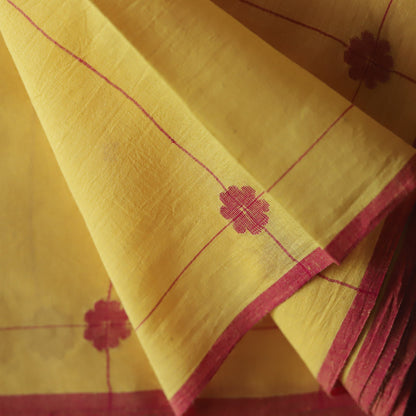 Yellow fabric with red Jamdani yardage floral patterns and border