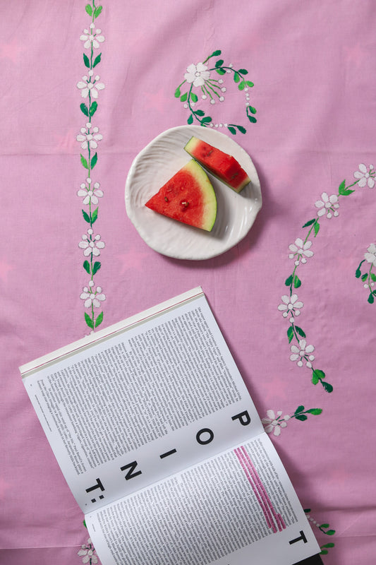 pink cotton bedsheet with floral embroidery 
