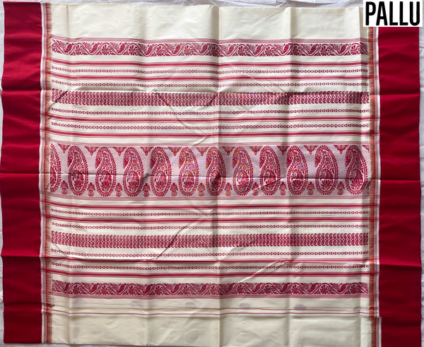 White and Red Silk Saree (Handwoven Bengal Gorod Saree)