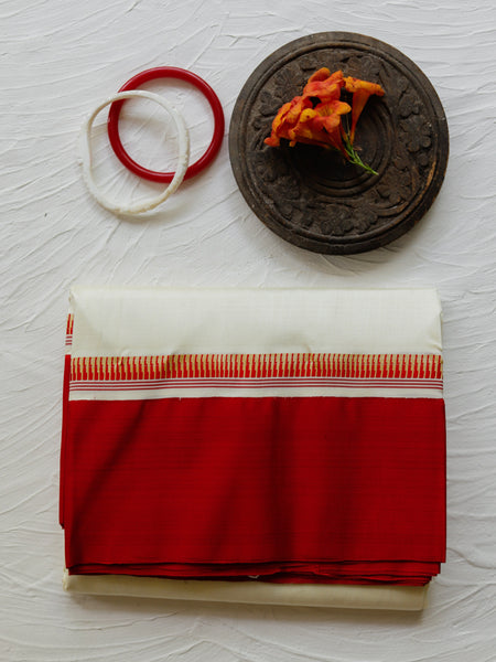 White and Red Silk Saree (Handwoven Bengal Gorod Saree)