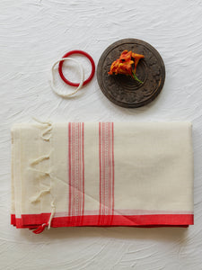 Handwoven Bengal White and Red Cotton Saree