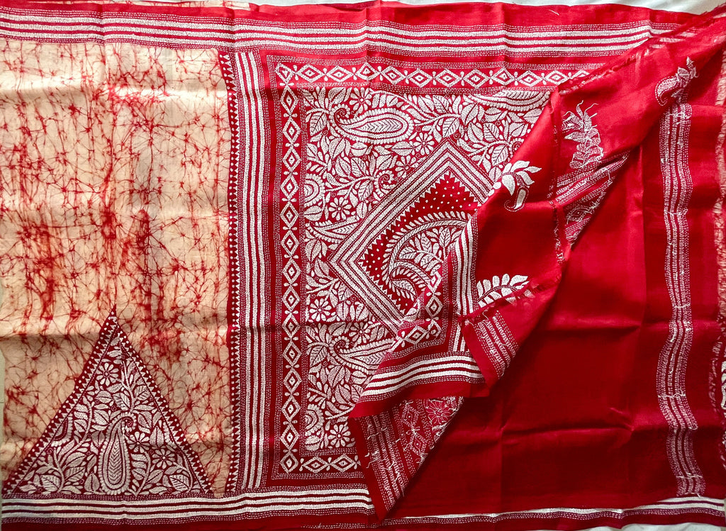 Scarlet Red Bengal Heritage Kantha Silk Saree – Craftyle