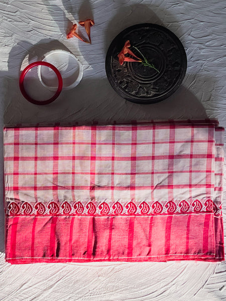 Handwoven Bengal White and Red Tant Saree (Tangail Saree)