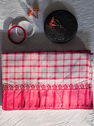 Handwoven Bengal White and Red Tant Saree (Tangail Saree)