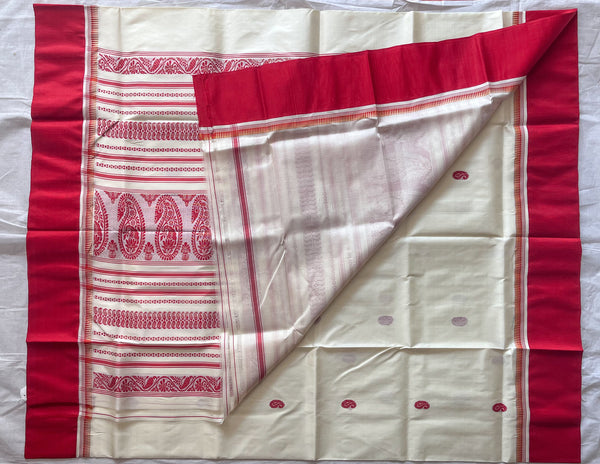 White and Red Silk Saree (Handwoven Bengal Gorod Saree)