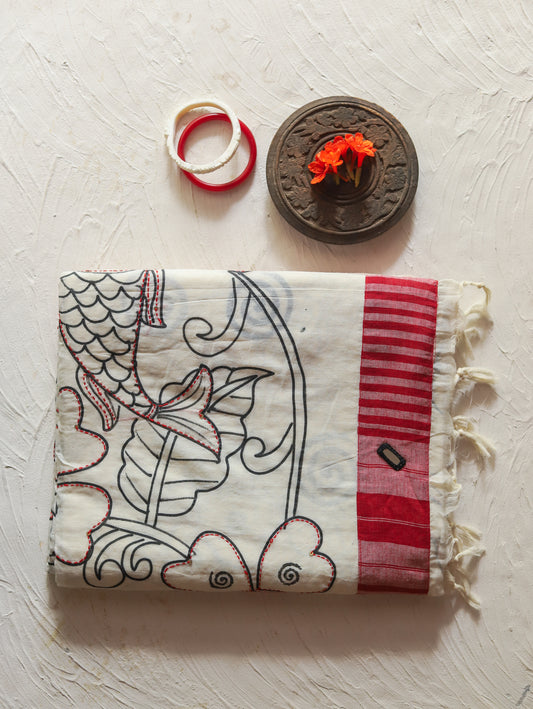 Handwoven Bengal White and Red Cotton Saree