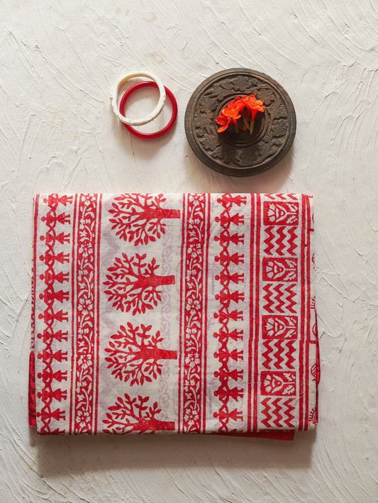 Handwoven Bengal White and Red Cotton Saree