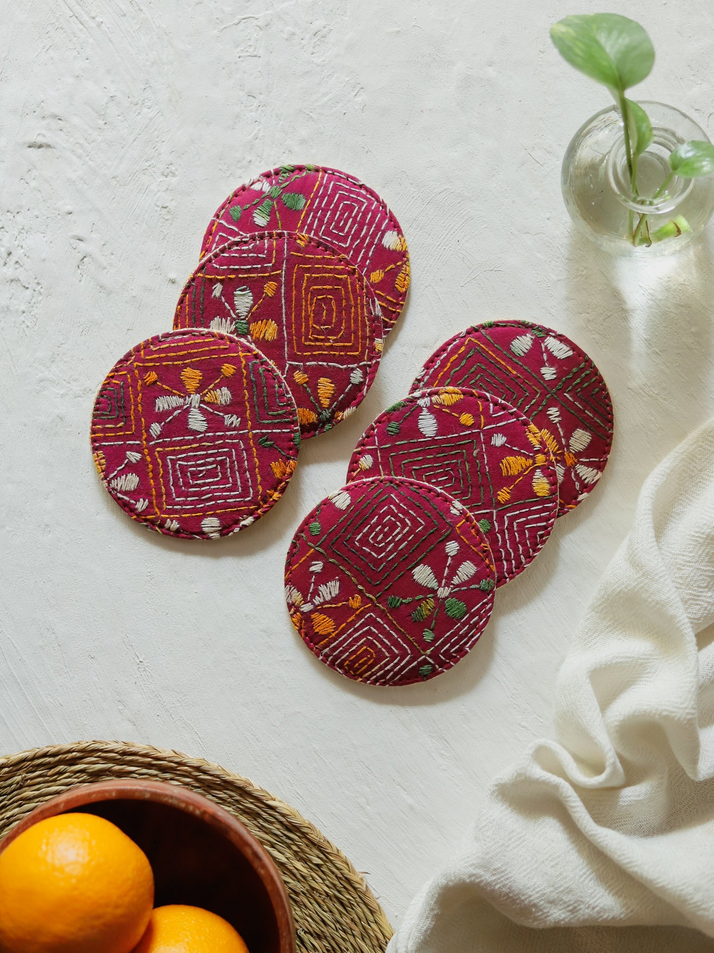 Hand Embroidered Kantha Coaster Set