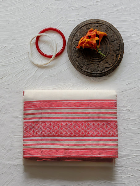 Handwoven Bengal White and Red Cotton Saree