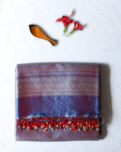 Handwoven Benarasi Mulberry silk wedding saree for bengali bride in Red Blue saree with intricate patterns on a light grey background