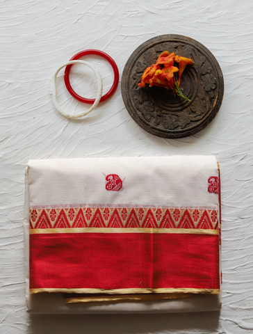 Handwoven Bengal White and Red Cotton Saree (Tangail/ Tant Soft Saree)