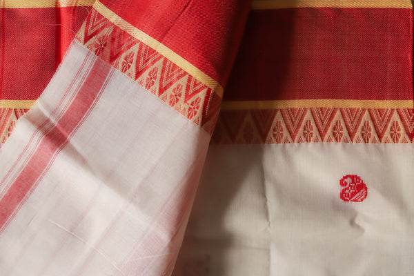 Handwoven Bengal White and Red Cotton Saree (Tangail/ Tant Soft Saree)