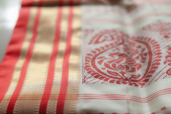 White and Red Silk Saree (Handwoven Bengal Gorod Saree)