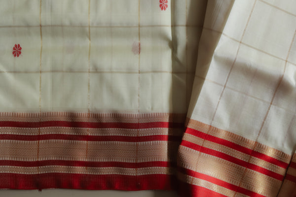 White and Red Silk Saree (Handwoven Bengal Gorod Saree)