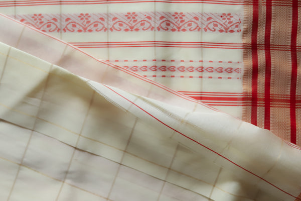 White and Red Silk Saree (Handwoven Bengal Gorod Saree)