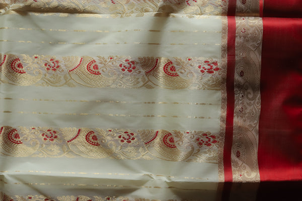 White and Red Silk Saree (Handwoven Bengal Gorod Saree)